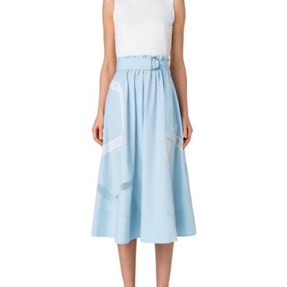 Akris Ribbon Detail Sleeveless Midi-Dress In White And Light Blue Size 12 .